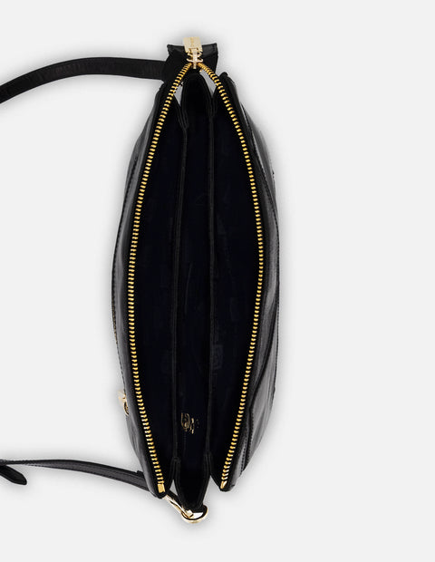 Bandolera negra en piel con costuras cruzadas para mujer