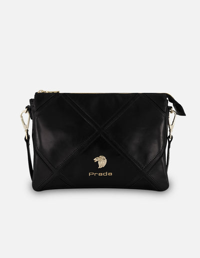 Bandolera negra en piel con costuras cruzadas para mujer