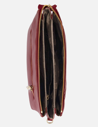 Bandolera roja en piel para mujer con costuras cruzadas