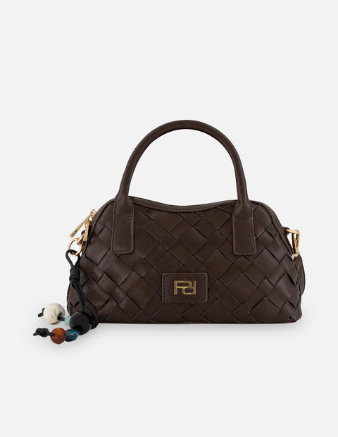 Minibolso café en piel vegana trenzada para mujer