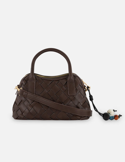 Minibolso café en piel vegana trenzada para mujer
