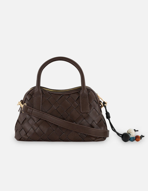 Minibolso café en piel vegana trenzada para mujer