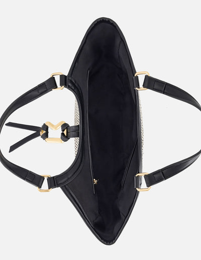 Bolso de mano negro y blanco en rafia con aro metálico