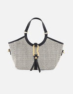 Bolso de mano negro y blanco en rafia con aro metálico