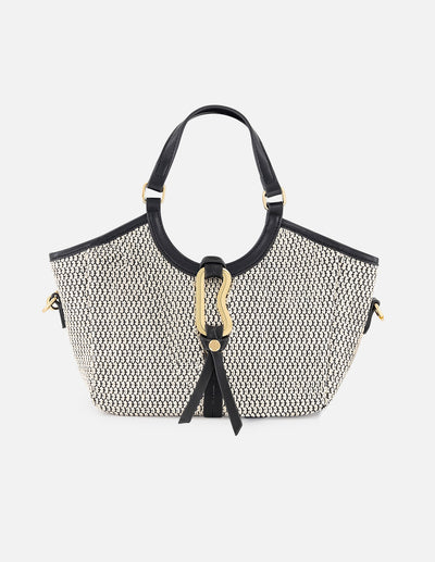 Bolso de mano negro y blanco en rafia con aro metálico