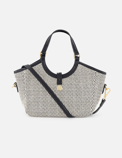 Bolso de mano negro y blanco en rafia con aro metálico