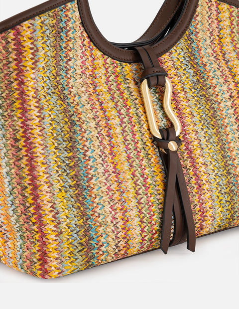 Bolso de hombro multicolor en rafia con tejido decorativo