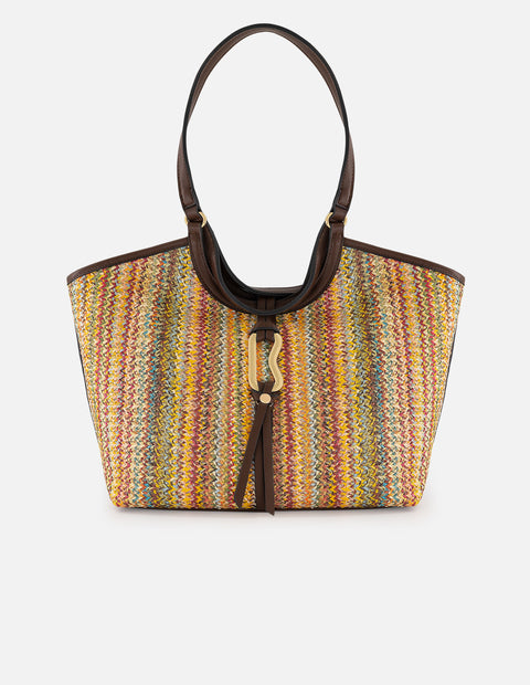 Bolso de hombro multicolor en rafia con tejido decorativo