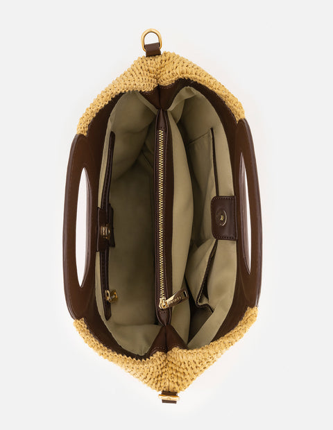 Bolso de mano color blanco en rafia con combinación de materiales