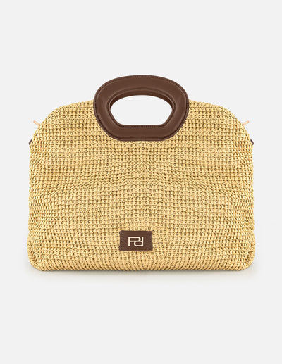 Bolso de mano color blanco en rafia con combinación de materiales