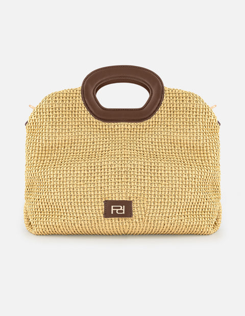 Bolso de mano color blanco en rafia con combinación de materiales