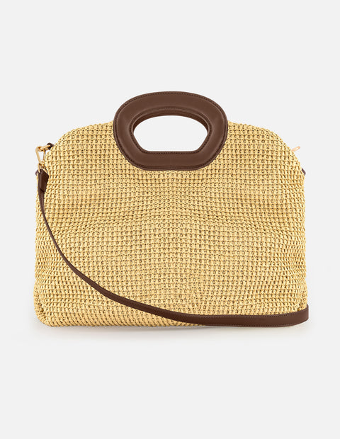 Bolso de mano color blanco en rafia con combinación de materiales