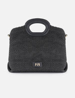 Bolso de mano negro en rafia con combinación de materiales