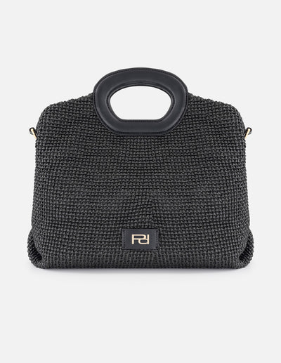 Bolso de mano negro en rafia con combinación de materiales