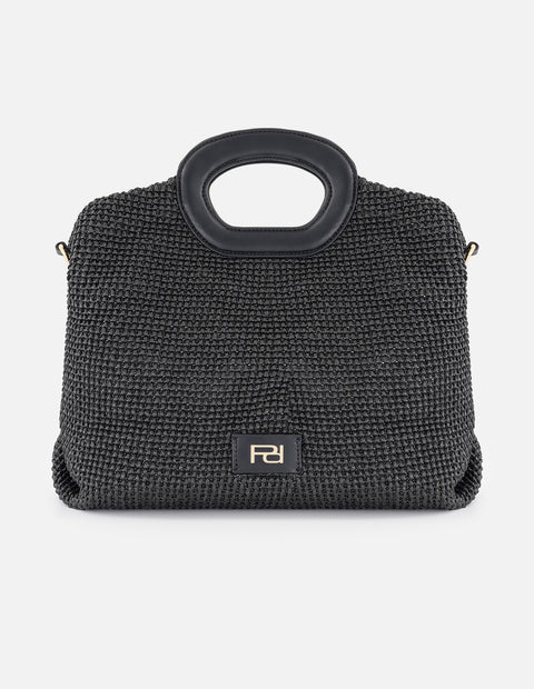 Bolso de mano negro en rafia con combinación de materiales