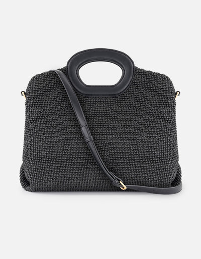 Bolso de mano negro en rafia con combinación de materiales