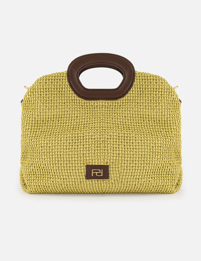 Bolso de mano verde en rafia con combinación de materiales