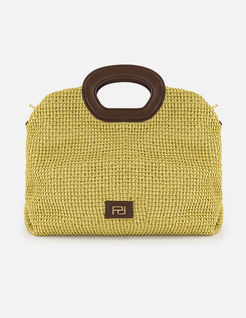 Bolso de mano verde en rafia con combinación de materiales