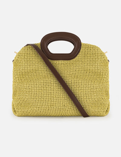 Bolso de mano verde en rafia con combinación de materiales