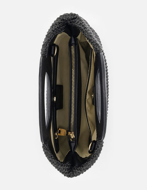 Bolso de mano negro en rafia con tejido artesanal