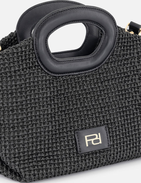 Bolso de mano negro en rafia con tejido artesanal