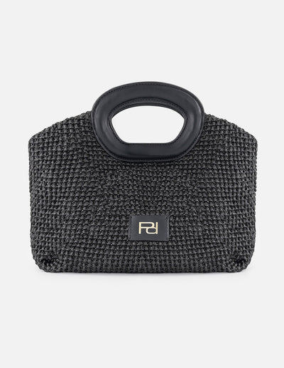 Bolso de mano negro en rafia con tejido artesanal