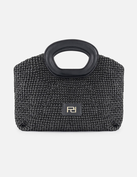 Bolso de mano negro en rafia con tejido artesanal