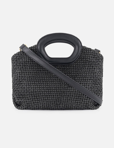Bolso de mano negro en rafia con tejido artesanal