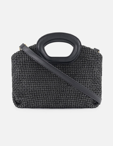 Bolso de mano negro en rafia con tejido artesanal