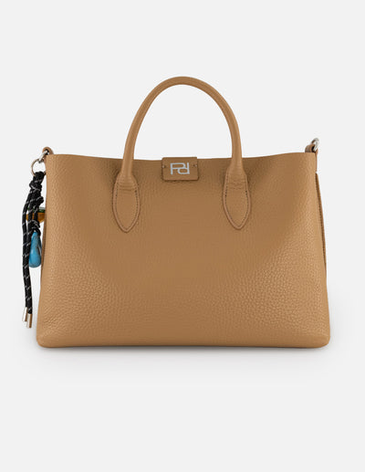 Bolso de mano café en piel vegana grabada con asas rígidas