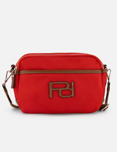 Bandolera roja en nylon con aplicaciones en contraste