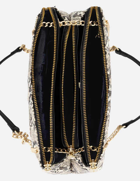 Bandolera blanca tipo serpiente con cadena doble y detalle metálico para mujer