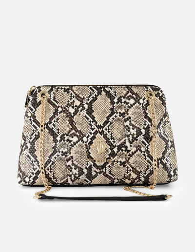 Bandolera blanca tipo serpiente con cadena doble y detalle metálico para mujer