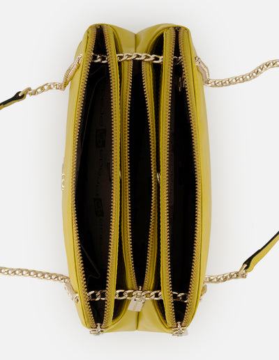 Bandolera mostaza piel para mujer con herraje león