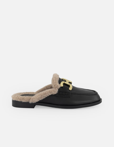 Mule negro piel para mujer con interior tipo pelo