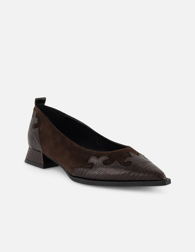 Flats café grabado tejus para mujer con combinación de materiales