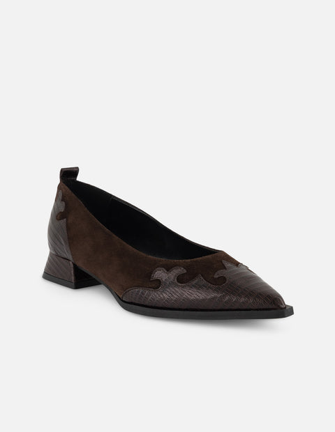 Flats café grabado tejus para mujer con combinación de materiales
