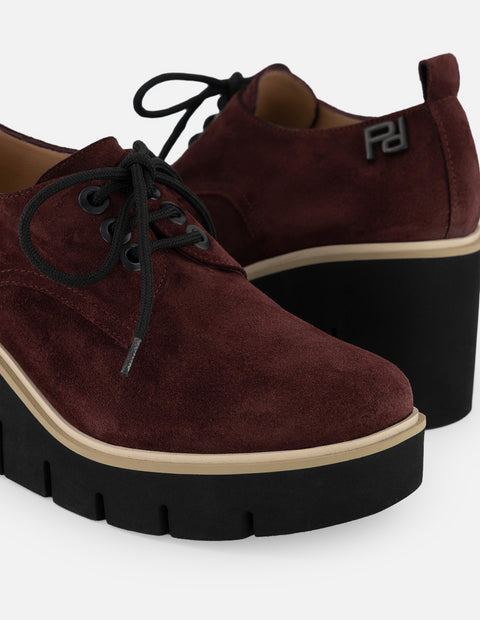 Zapato Blucher vino ante para mujer con combinación de materiales