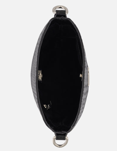 Bolso bucket negro vegano para mujer con placa metálica