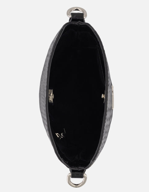 Bolso bucket negro vegano para mujer con placa metálica