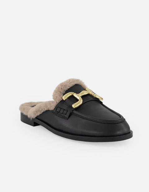 Mule negro piel para mujer con interior tipo pelo