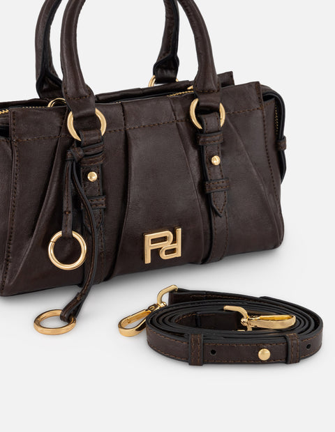 Bolso de mano café vegano para mujer con logo frontal