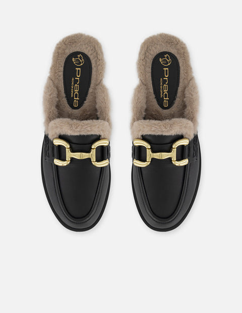 Mule negro piel para mujer con interior tipo pelo