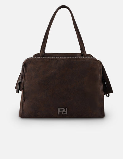 Bolso de mano café vegano para mujer con logo frontal