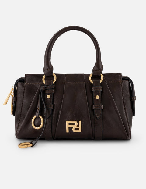 Bolso de mano café vegano para mujer con logo frontal