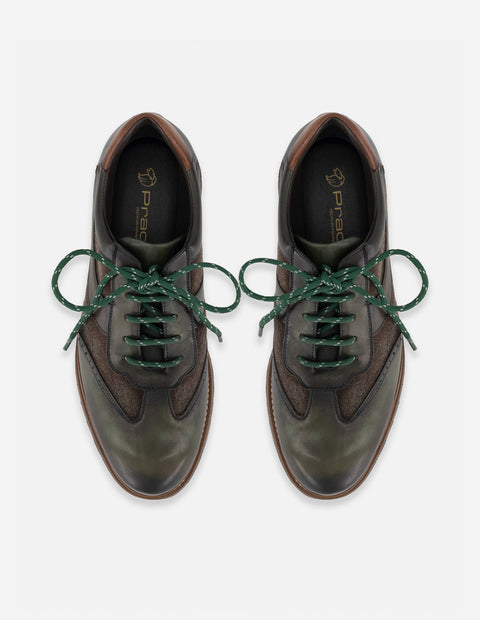 Zapato Oxford verde piel para hombre con combinación de materiales