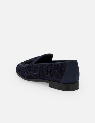 Mocasines azules para mujer con borlas y tweed