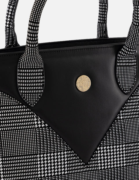 Bolso de mano negro ante y piel para mujer con textil de cuadros