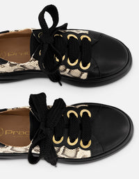 Tenis negros piel para mujer con combinación de materiales