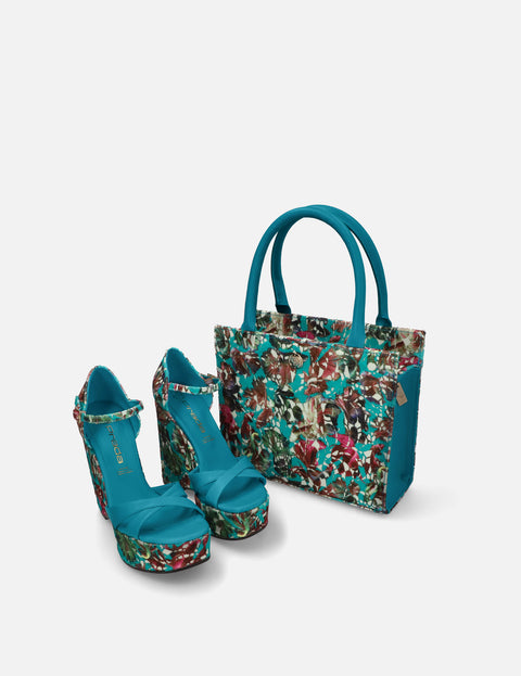 Sandalia tacón alto de cuña en piel napa y textil floral